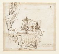 Scholar seated at a table on which rests a large book