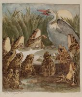 Swan and frogs seated at a banquet