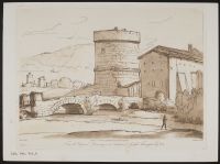 Landscape with a bridge over a river and a tower