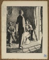 Illustration to 'The Entrance of Tobias' - seated man and woman with another man standing before a French window