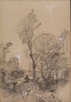 Woodland scene by moonlight, with figure, middleground, and building, L background