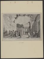 Figures waving a banner from an arch