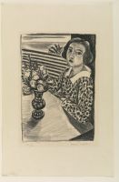 Figure and vase of flowers, with palm tree in the background