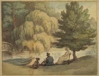 Wooded landscape with a seated woman and an artist sketching