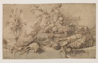 Still-life with dead game, lobster, vegetables, fruit and cat (recto)