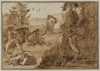 Landscape with lions and men with a ladder