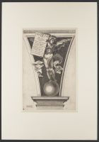 Winged figure standing on a sphere, holding a tablet