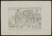 A slave lies dead on a bed, while Lucius Sergius Catilina and his conspirators drink his blood