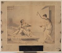 A prisoner in his cell is startled by the entrance of a woman in a long dress brandishing a key - illustration to Byron's 'The Corsair'