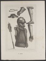 A helmet and brigandine, an iron greave or armour for the leg, a gauntlet belonging to John of Gaunt, a long armed gloved gauntlet, a gorget, an iron mace, and an antique Pryck spur