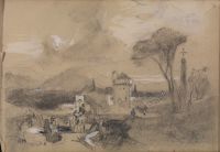 Landscape with peasants, castle (?) and mountains, background (recto)