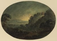 Landscape, evening - two figures walking along a road leading to a valley, a ruin on a wooded hill to the right