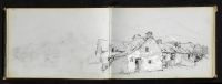 Group of cottages with mountain background (Wales?) (recto)