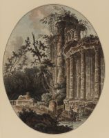 Landscape with ruins and washerwoman by a stream