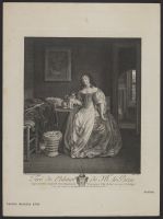 Interior with a young woman and a dog