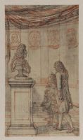 Design for a frontispiece of a French grammar - master and pupil standing before a pedestal with a bust of Louis XIV, portrait medallions on the walls