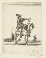 Trumpeter on horseback with cavalry behind him