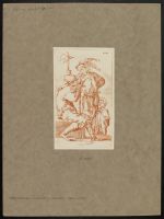 Group of three men, one standing wearing a hat and holding a  pike or halberd, one seated holding a sword