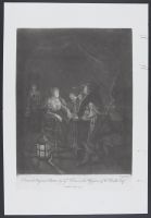 Interior of an inn with two soldiers and a woman around a table