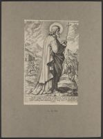 Saint Philip with a scene of his martyrdom by crucifixion the  background