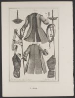 A buff coat, sword, shoulder belt, waist belt, Toledo, and a defence for the left arm worn in the time of Charles I