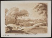 Landscape with a bridge over a river, trees and buildings in the distance
