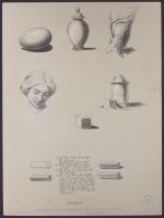 Objects to demonstrate shading - an egg, jar, tree trunk, tower, block, woman's head and rods