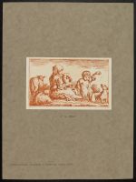 Pastoral scene - seated woman playing a wind instrument with a  child, sheep and a dog