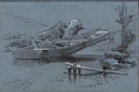 Rowing boat drawn up on to the shore (recto)