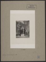 A woman in a crown kneels with a boy, a man stands behind her holding a sword and looking to the ground