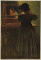 Girl looking in a mirror by lamplight