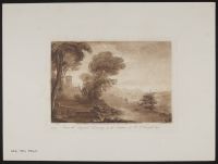 Landscape with a man reclining in the foreground next to a dog, with a bridge, trees and buildings