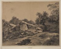 Rocky landscape outside Brussels with artist sketching