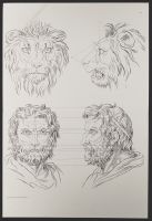 Two lion heads and two male human heads