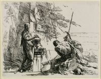 Standing woman with two men and an obelisk