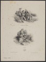 A scene showing a man, woman and child in a landscape