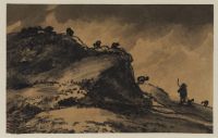 Sheep and shepherd on the brow of a hill