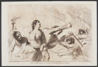 A woman seized by soldiers being rescued by a youth with a sword