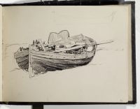 Grounded fishing boat, with sketch of hull in profile