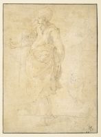 Standing man in profile, and two half-length female figures