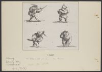 Sheet of 4 gobbi (the dueller with two sabres [le duelliste aux  deux sabres], the bagpipe player [le joueur de cornemuse], the  maimed with a crutch and legs of a drink [l'estropié a la  béquille et a la jambe de bois], man pulling a sabre [l'homme  s'a