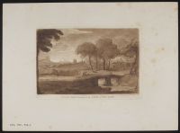 Landscape with trees, a bridge over a river and two figures
