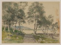View of a lake through trees - harbour at Brantwood (?) (recto)