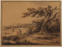 Country scene with figures and church spire
