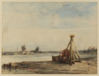 Estuary, with a boat drawn up to the beach, and a beacon