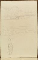 Two landscape sketches, and a sketch of a baby on a carrying board (recto)