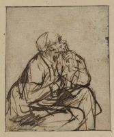 Profile view of a seated man, head propped on his left hand