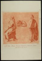 Three men, two seated, one with head resting on a ledge and one  standing holding a book
