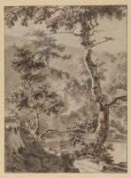 Wooded landscape with two trees, a man and a house