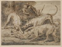 Hunting scene, an animal attacked by three hounds